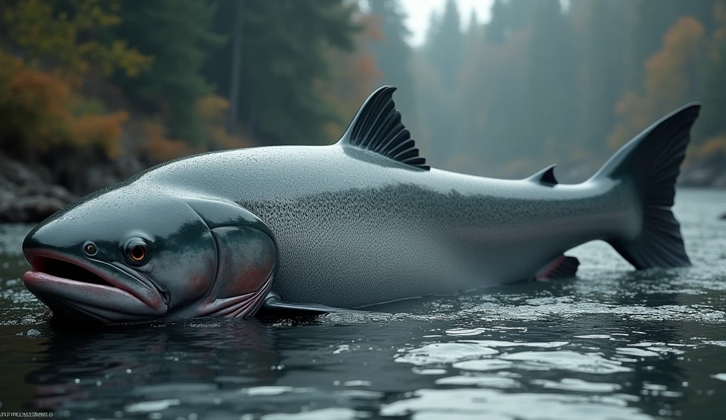 There is a shadow、Fish salmon、Fish salmonの体は灰色、The fish has small black spots on its body.、とても大きなFish salmonが川に対して直角に寝そべっている