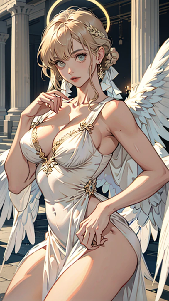 Very beautiful woman angel、Big Wings、 Angel Halo、 Sheer dress in ancient Greek style、 Realistic、Face reality、and、Sexy smile、Small breasts、Sexy pose、