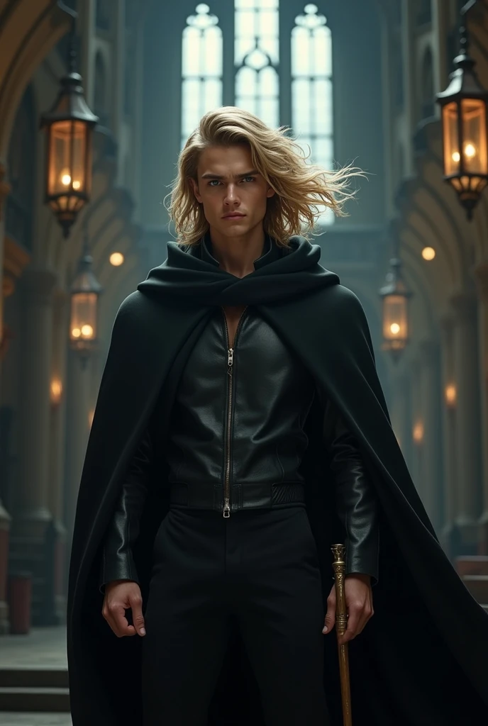 A handsome young man with a face, wearing a black cloak, with blonde hair, holding a 10-inch long magic wand in Hogwarts School.