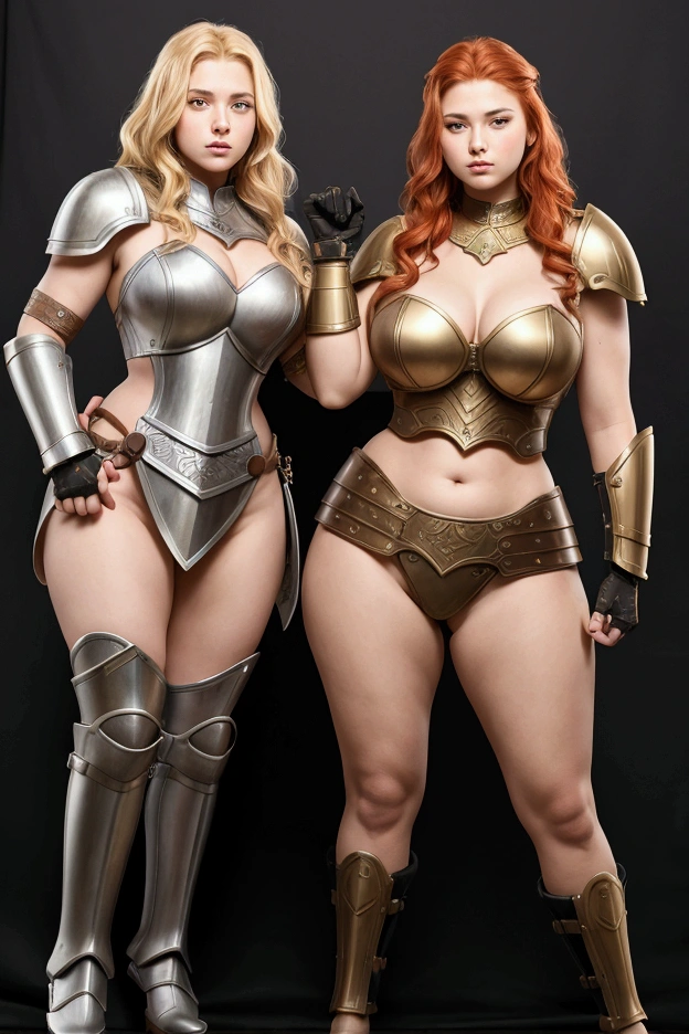 two females, sisters of different ages portrait, break: older sister detailed face, lesbians, redhead, , long hair, curvy, tall, warriors roman, roman empire, using sexy armor, determined, full body. break: young sister detailed face, lesbians, blonde , long hair, curvy, tall, warriors roman, roman empire, using sexy armor, determined, full body.