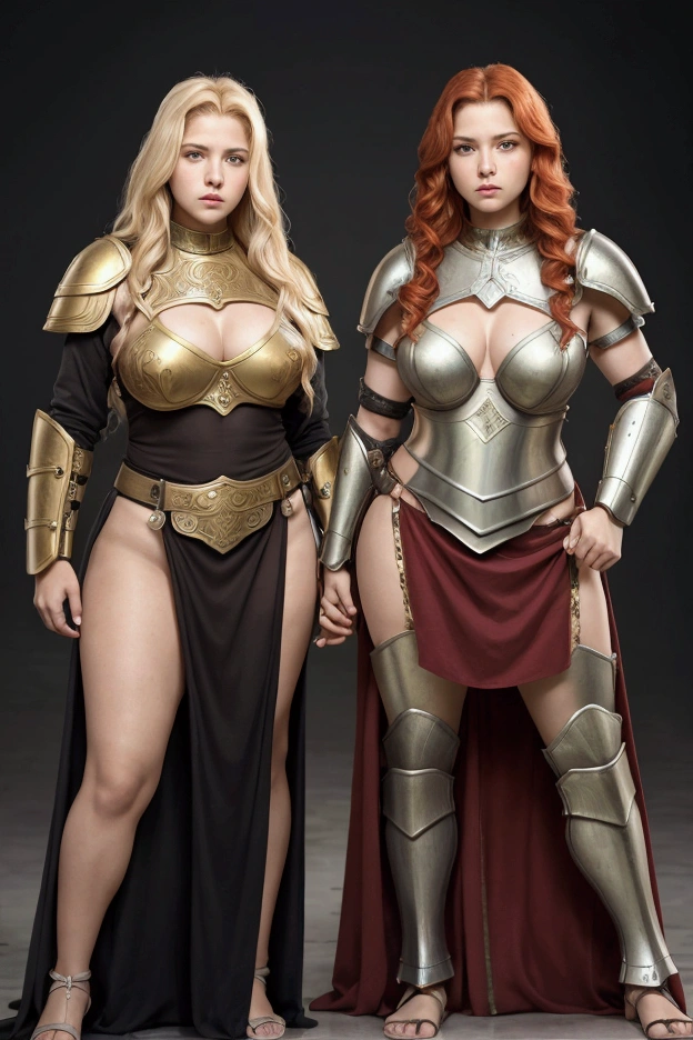 two females, sisters of different ages portrait, break: older sister detailed face, lesbians, redhead, , long hair, curvy, tall, warriors roman, roman empire, using sexy armor, determined, full body. break: young sister detailed face, lesbians, blonde , long hair, curvy, tall, warriors roman, roman empire, using sexy armor, determined, full body.