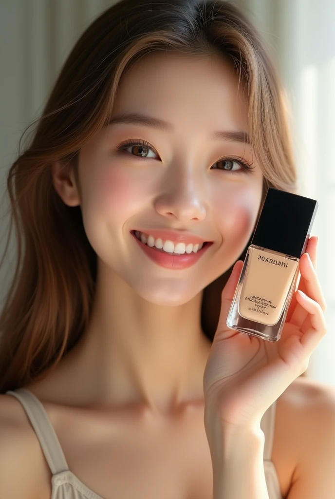 A girl with long light brown hair, white skin, a bright face, a beautiful smile, wearing a modern shirt and pants. In his hand was a bottle of foundation cream with a black cap, a rectangular shape, an elegant bottle. Express the feeling of applying foundation on the face with the 3D-shaped “Masumi” foundation cream.