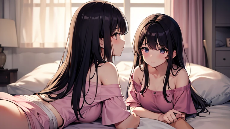 best quality, masterpiece, emilie_t8, off shoulder,,Off the shoulder、Pink Tank Top、Shorts、Embarrassed、A sad sidelong glance、A room bathed in pale moonlight、Lying in bed、Long Hair、cute、Black Hair