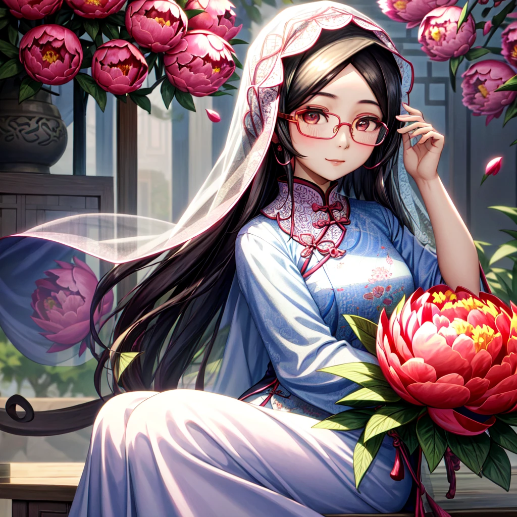 Muslim woman wearing a peony-patterned veil, Chinese eyes, white glasses