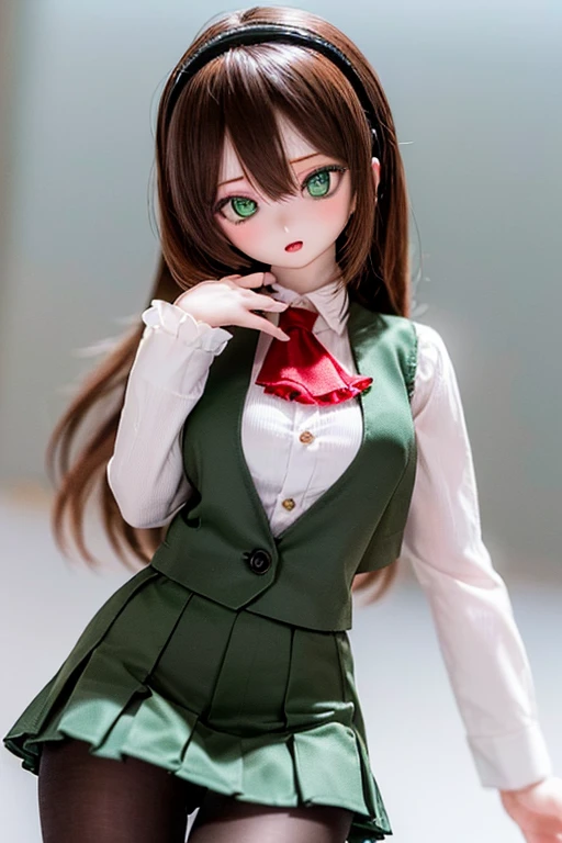 (SFW:2), photorealistic, realistic photo, 8k, ((highest quality)), ((masterpiece)), (extremely detailed), kukolnydom, doll, (mature woman, 21yo, 2, solo:1.6), ((cowboy shot, dynamic pose, slim, slender, skinny, medium breasts, hairband, vest, ascot, dress shirt, long puff sleeves, pleated skirt, black pantyhose)), (parted lips, green eyes, brown hair, long hair, plastic skin, looking at another, glass eyes, gradient eyes, shining eyes, detailed eyes:1.3)