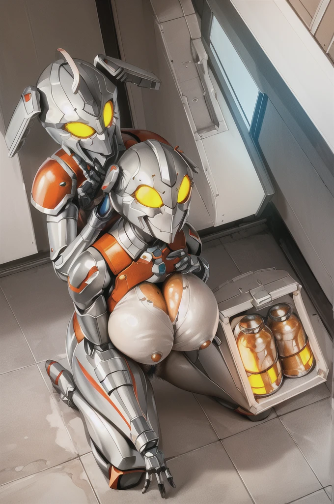 masterpiece,best quality,realistic,1girl,mature female,UltraMarie,armor,glowing,glowing_eyes,helmet,mecha,roboT,twintails,yellow_eyes,huge breasts,wide hips,fighting stance,city,((((Breast milk))))((((pubic hair))))