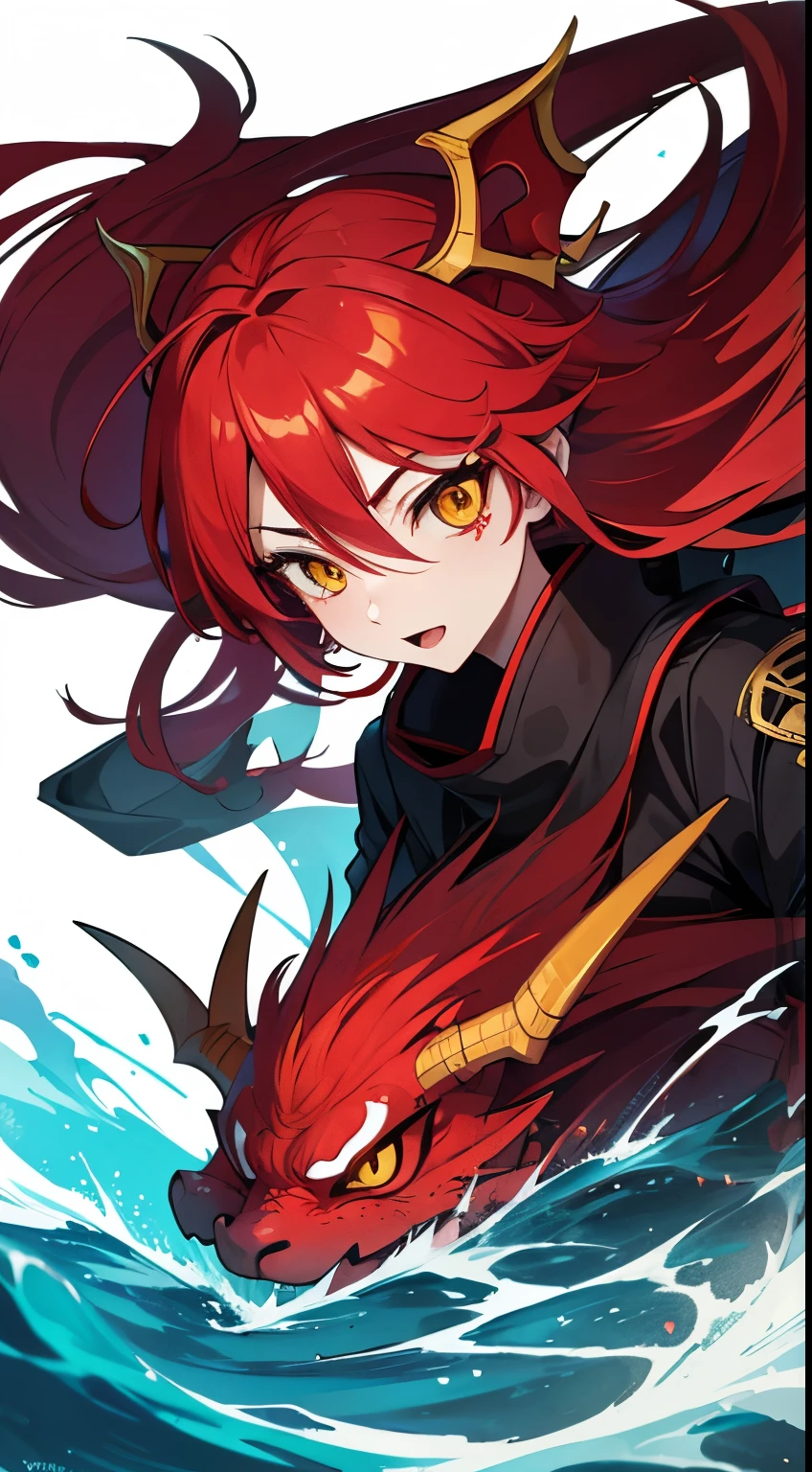 Yokai Dragon Fem With Red Skin and Hair, Yellow Eyes.