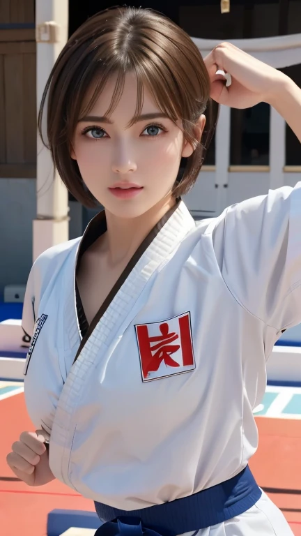 NSFW、16k、Photoreal、highest quality、masterpiece、ultra high resolution、Raw photo、realistic、bright lighting、face light、smooth professional lighting、looking at camera、alone、adult woman、Beautiful woman、super beautiful woman、realistic skin、moist skin、Realistic eyes and faces、Perfect model body style、beautiful eyes、Big eyes、Inconspicuous tear bags、slim、medium big breasts、No bra、My nipples are pushing up my shirt、camel toe、very short hair、black hair、black eye、looks fun、beautiful hip line、Upper body including the top of the head、pretty fingers、(((karate)))、(((Karate uniform)))、(((Karate)))、Karate Dojo、(exposure is low)、athlete