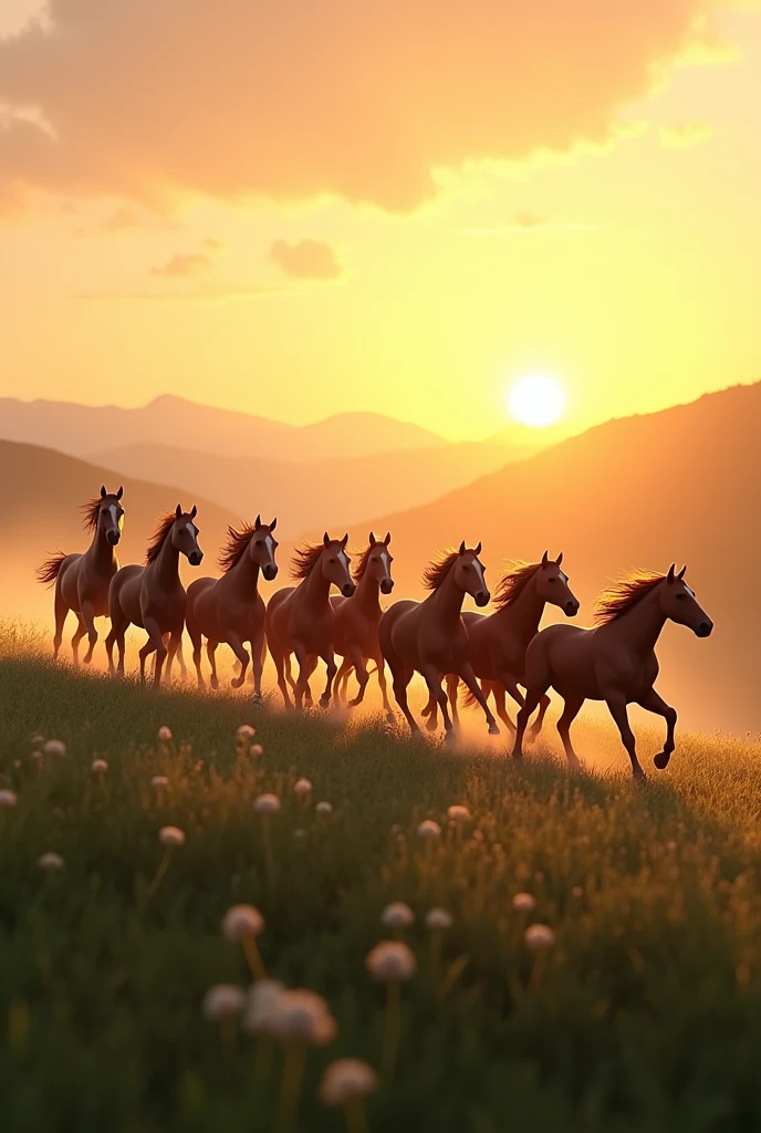 Sun rising, 7 horse running in straight horizontal line 