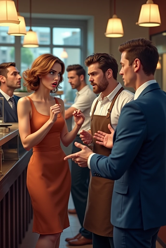 infront there's a women customer wearing dress sitting in restaurant complaining angry to a waiter wearing apron in the back of them there's a cashier wearing white polo and a apron and a men customer complaining angry in the cashier staff and beside them there's a customer complaining to a manager wearing suit of blue, they are all see in the picture no smiling