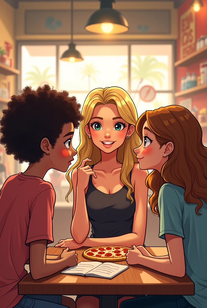 Drawing of a teenage girl with short, curly hair and a teenage girl with long, curly hair interviewing a blonde adult woman in a pizzeria.