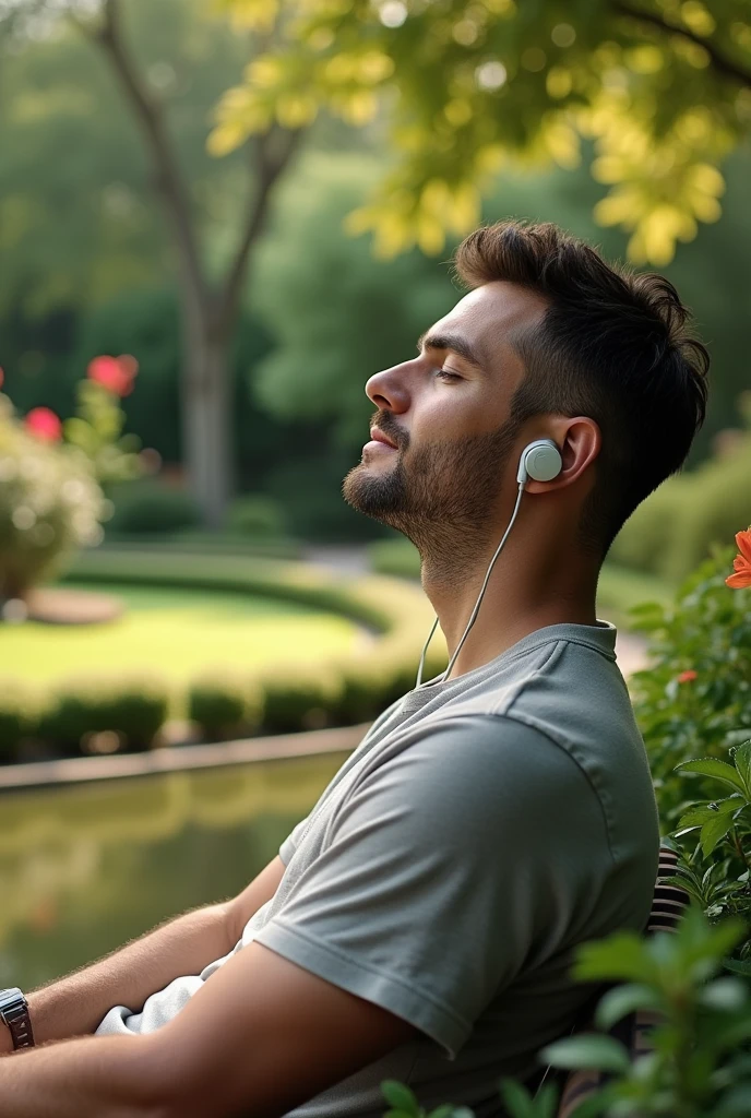 A man wearing wireless earbuds and sitting in garden