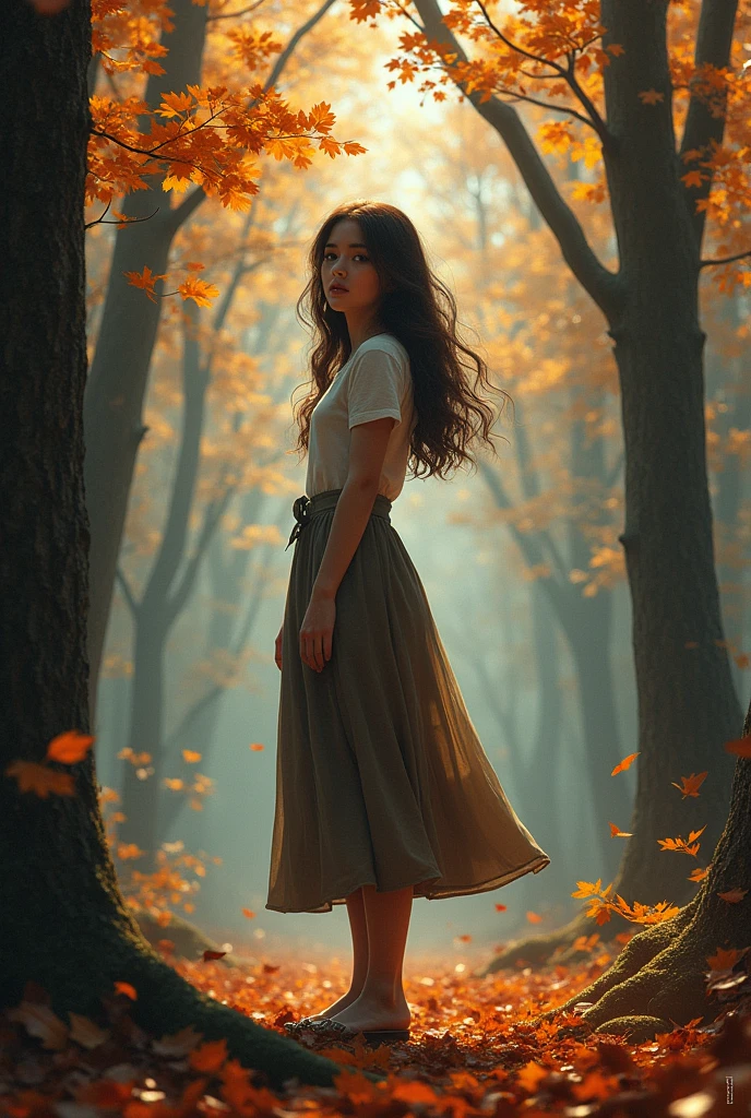 Realistic style, girl standing in the distance,Realistic style,Autumn forest