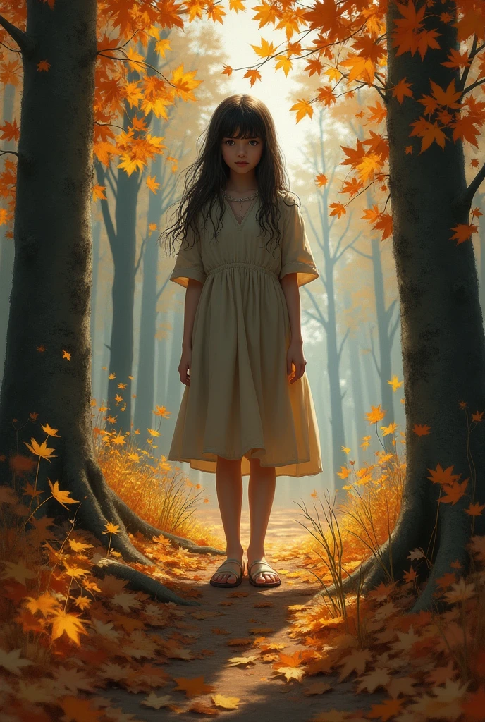 Realistic style， girl standing in the distance，Realistic style，Autumn forest