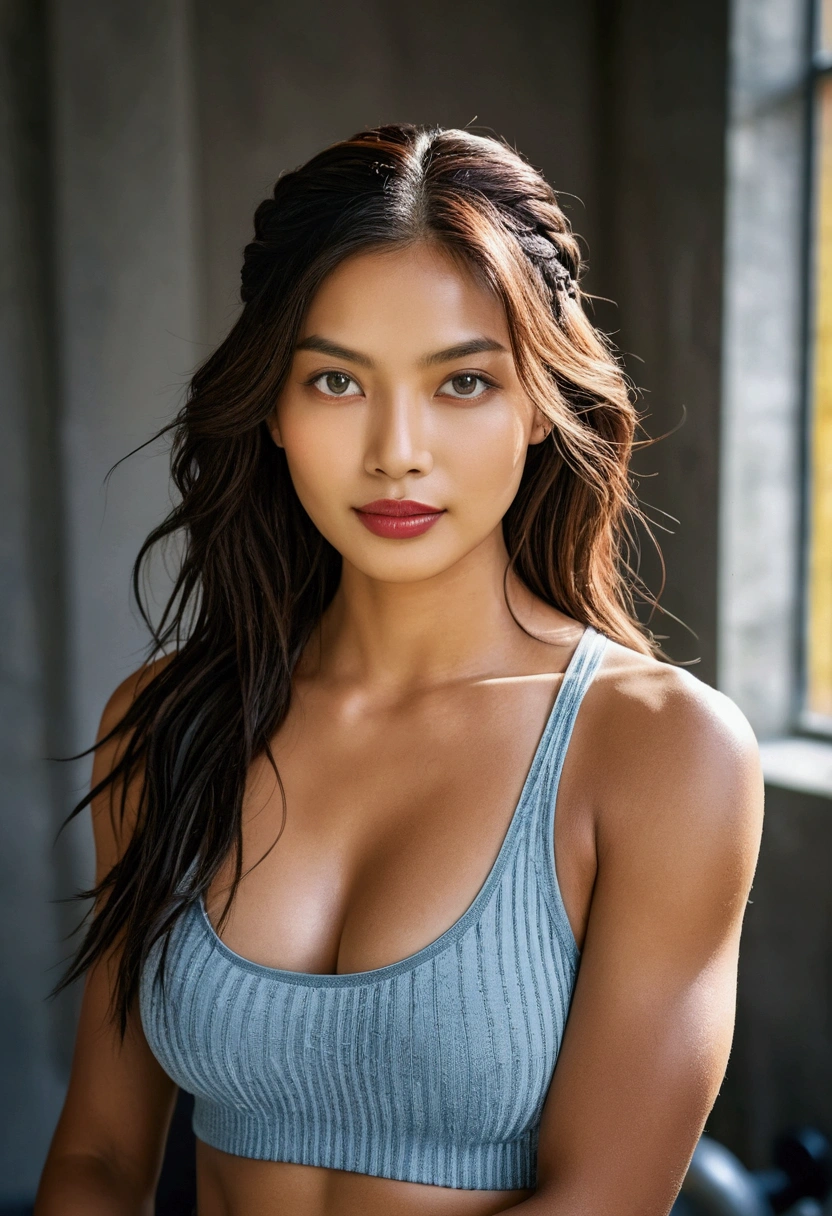 ((NSFW)), 8k, raw photo, best quality, high resolution, photorealistic, in a weight room, doing exercises, dressed in Nike sportswear, wearing a braid, beautiful detailed face, detailed, high resolution , realistic, photorealistic, full body, from head to toe, legs, dark skin, pores, wrinkles, extremely detailed CG unity 8k wallpaper), photo of the most beautiful work of art in the world, majestic professional (photographed : Steve McCurry) , 8k uhd, DSLR, soft lighting, high quality, film grain, sharp focus Fujifilm XT3, f5.6, high details, sharpness, spectacular, (looking at the viewer: 1.2), (natural light),