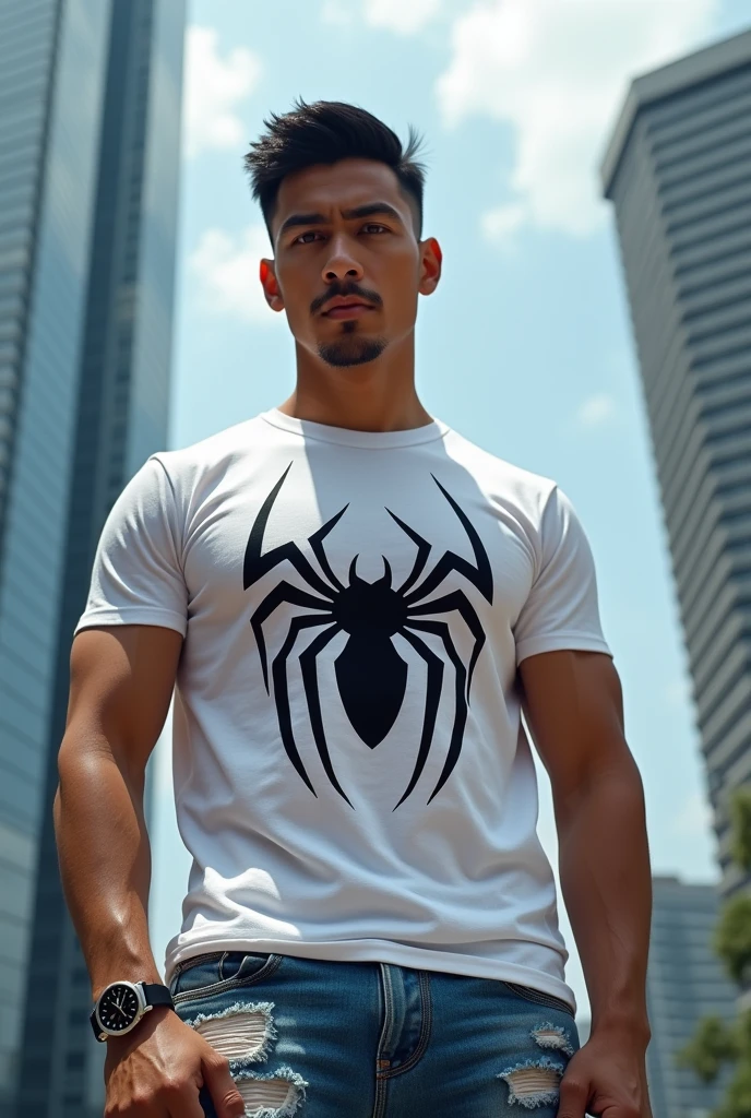 A handsome Indonesia man with a clean face,Very short black hair, the sides are faintly visible, there are clear line carvings.Wearing a white t-shirt with Fierce spider graphics, stylish ripped blue jeans,Wearing sports shoes , wearing a rolex watch,Athletic sixpack body,Skyscraper background and sky with white clouds face facing straight at the camera, realistic hd