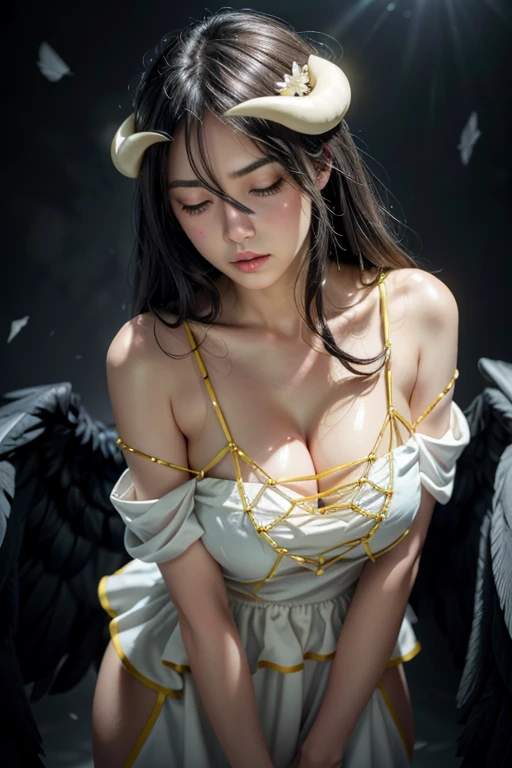 A masterpiece, best quality, ultra-detailed illustration with epic lighting, cinematic composition, isometry, (hexagons:1.2), 1 girl with horns, solo, yellow eyes, black hair, long hair, (low wing:1.2), large cleavage, bare shoulders, hair between eyes, medium breasts, (white dress:1.1), golden decoration, detached collar, viewing the viewer, semi-closed eyes, (viewing the viewer:1.1), parted lips, blush, black feathers falling, arena, particle effects, (8K:1.1) sexy ultra-detailed illustration