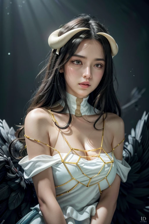 A masterpiece, best quality, ultra-detailed illustration with epic lighting, cinematic composition, isometry, (hexagons:1.2), 1 girl with horns, solo, yellow eyes, black hair, long hair, (low wing:1.2), large cleavage, bare shoulders, hair between eyes, medium breasts, (white dress:1.1), golden decoration, detached collar, viewing the viewer, semi-closed eyes, (viewing the viewer:1.1), parted lips, blush, black feathers falling, arena, particle effects, (8K:1.1) sexy ultra-detailed illustration 