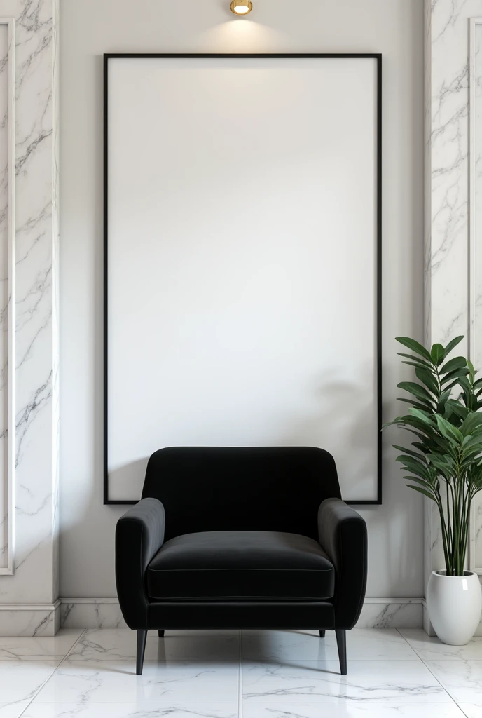 velvet black chair WALL WITH white marbel AND A big EMPTY VERTICAL FRAME
