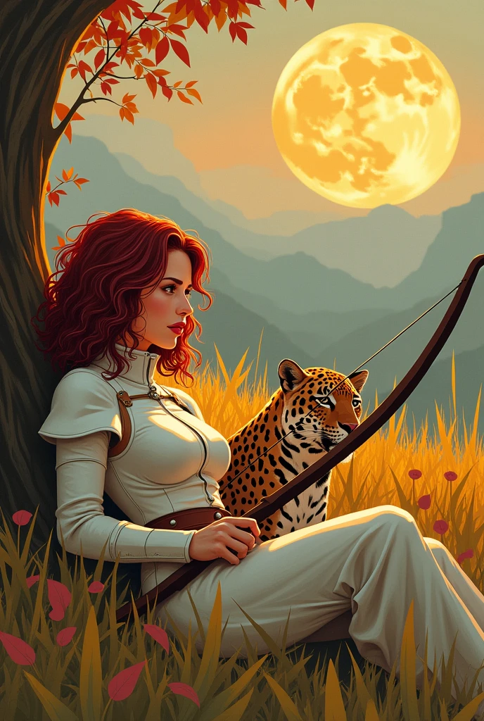 Beautiful female ranger shoulderlength unruly curly dark red hair short light white leather armour longbow lying in high green grass with big jaguar cub harvest moon autumn light art deco style 