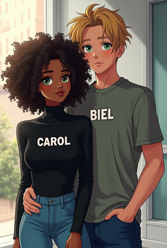 Characters couple black turtleneck shirt with the name Biel and Carol in capital letters nothing the black girl curly hair the white man with green eyes blue jeans anime theme