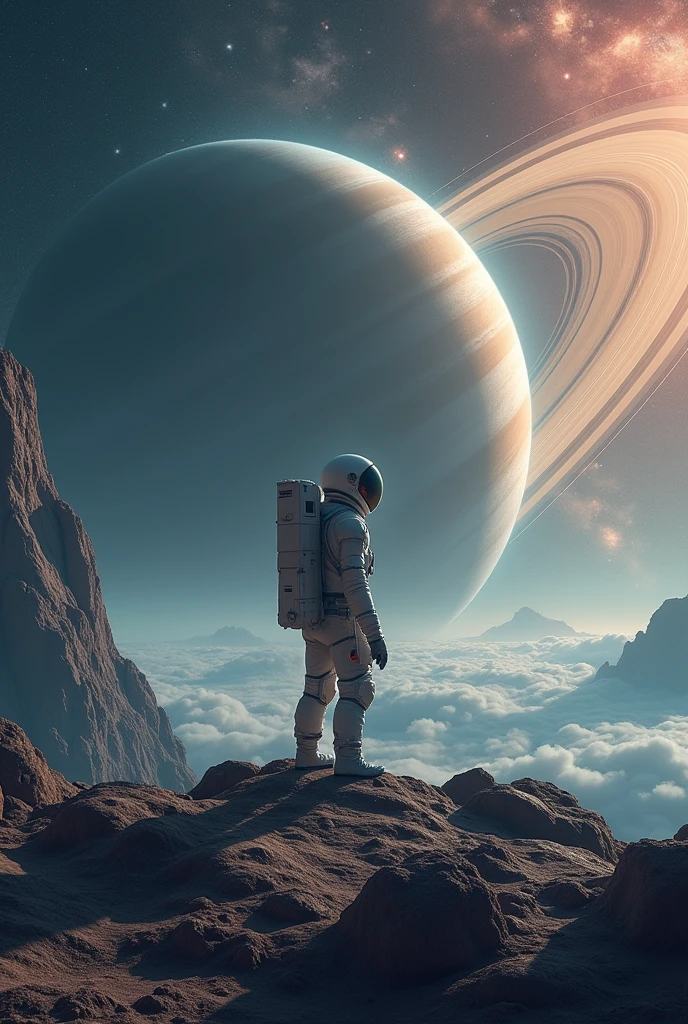  Real 8K high definition image of an astronaut on the surface of an asteroid near the rings of Saturn observing the planet Jupiter in the background an image of a distant galaxy Scary and beautiful vision 