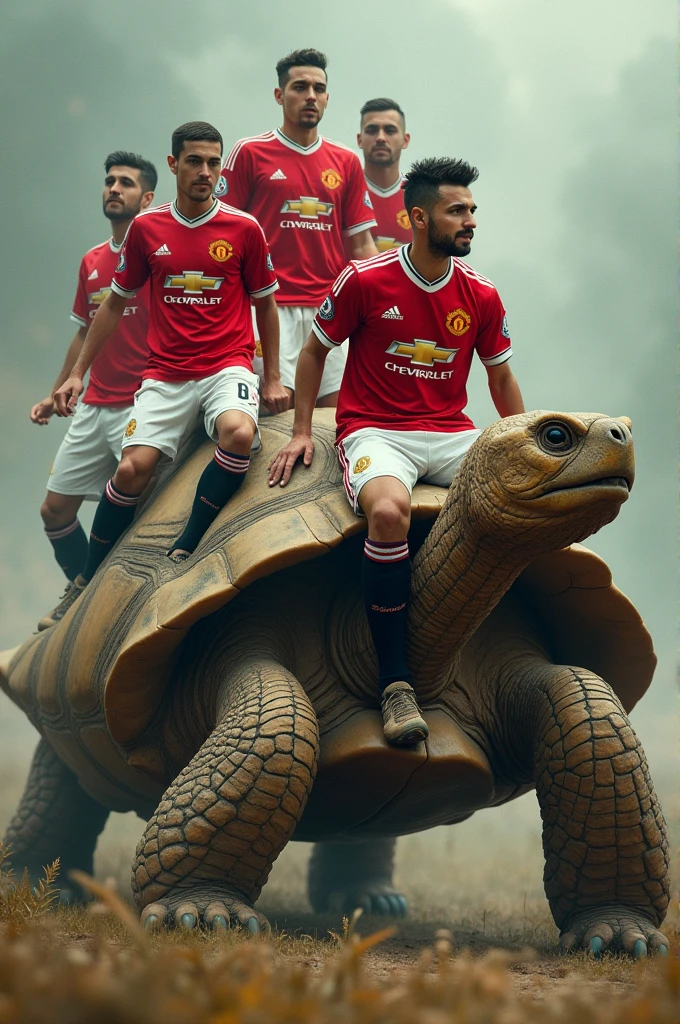Manchester united players are riding on the huge tortoise