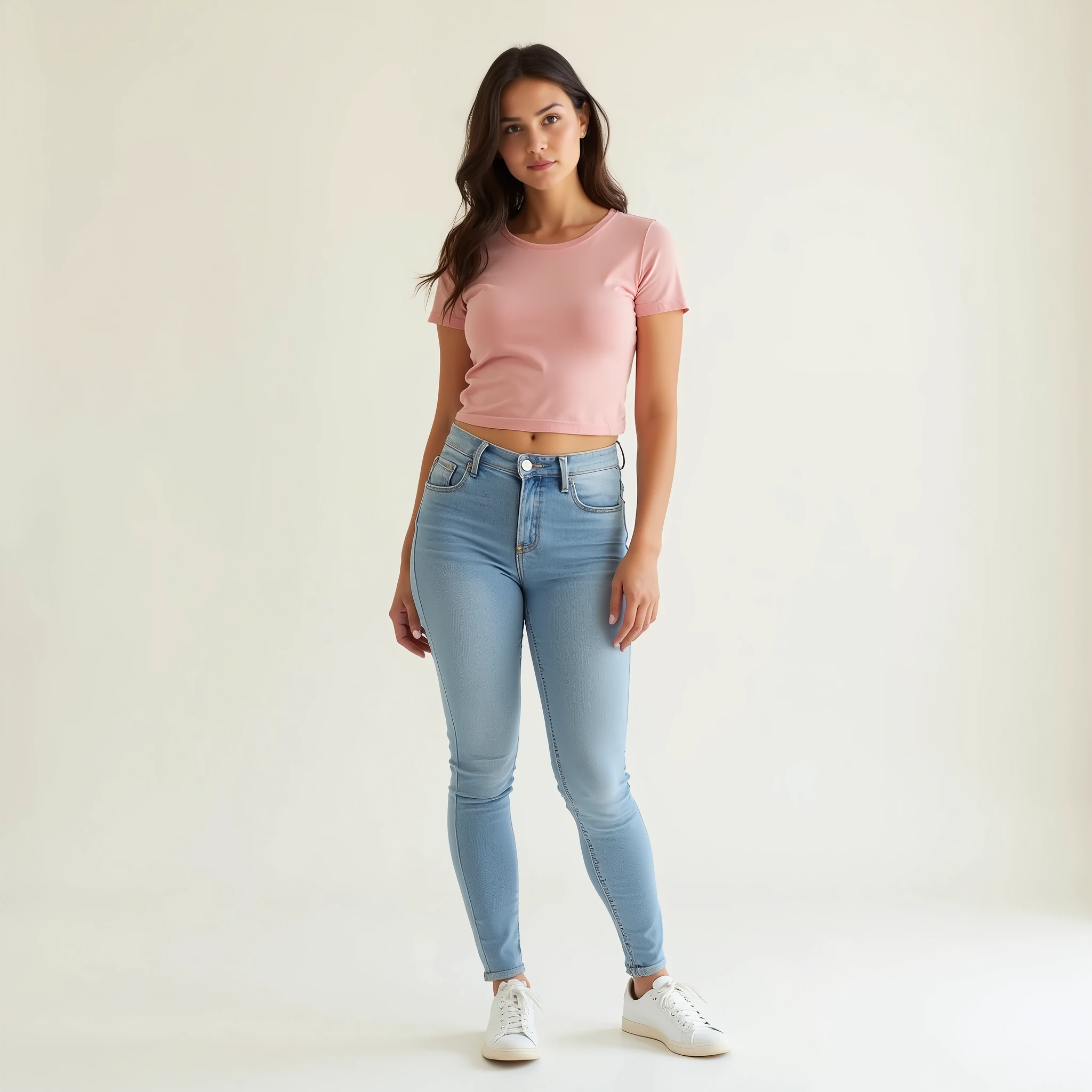 image captured with a Sony α7 III camera, full body shot, hourglass body shape A figure with a narrow, defined waist, balanced proportions between a full bust and rounded hips, creating a smooth, curvy silhouette, young European woman early 20's, fitted waist straight jeans in light Blue color, fitted waist tee in pink color, standing, white shoes, creamy white background standing straight on the camera.