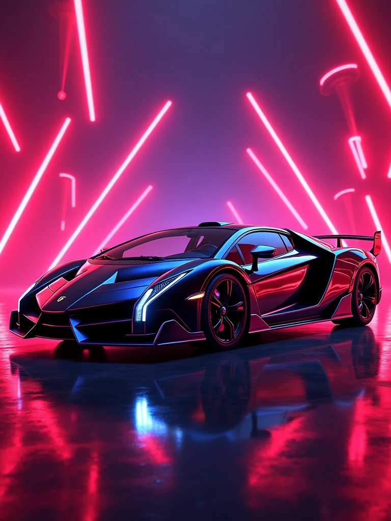 stunning, vibrant illustration of a sleek metallic black and red Lamborghini veneno set in a captivating purple lighting room. The car's geometric design is accentuated by neon lights, and the prominent Lamborghini logo on the side adds to its luxurious appeal. The background features dynamic, futuristic angular red lines, creating a high-energy atmosphere. The car's reflection on a shiny surface below adds depth and dimension to the composition, making for a visually stunning and powerful image., poster, illustration, photo, vibrant