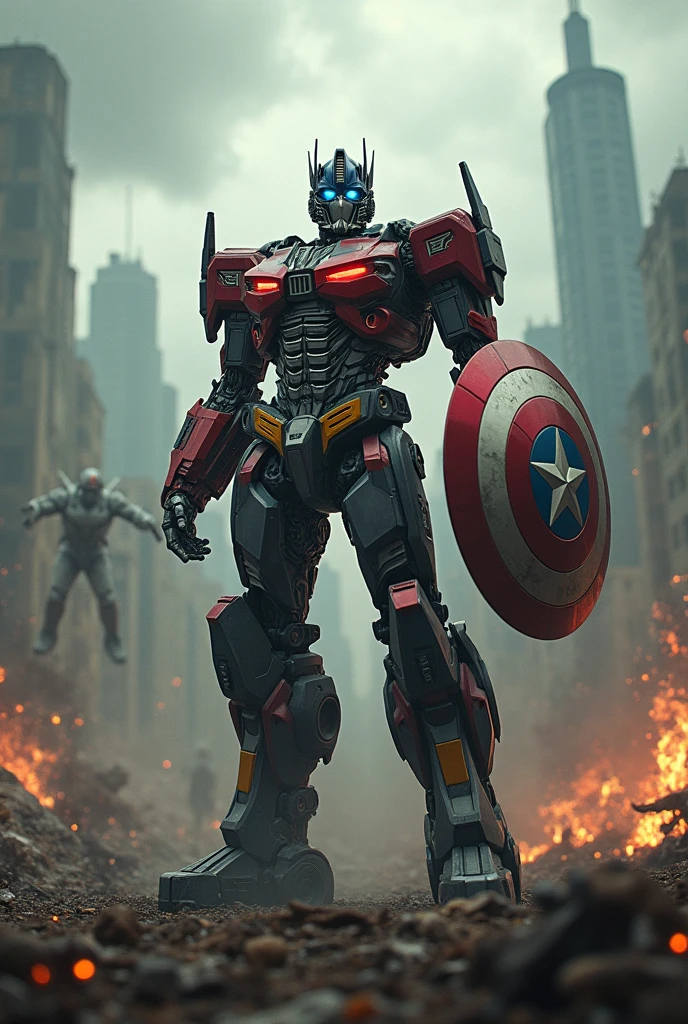 Optimus Prime, Captain America, zombie, Optimus Prime and Captain America vs titan zombies, highly detailed, photorealistic, 8k, dramatic lighting, cinematic, epic composition, hyper-realistic, stunning, masterpiece, ultra detailed, powerful, intense, awe-inspiring, heroic, action-packed, dynamic, impactful, cinematic camera angle, dramatic pose, intense battle, clash of titans, superhuman strength, advanced technology, futuristic, gritty, dark, moody, ominous atmosphere, brooding, visceral, gruesome, unsettling, unsettling, horrifying, bone-chilling, terrifying, apocalyptic, cataclysmic, mind-blowing