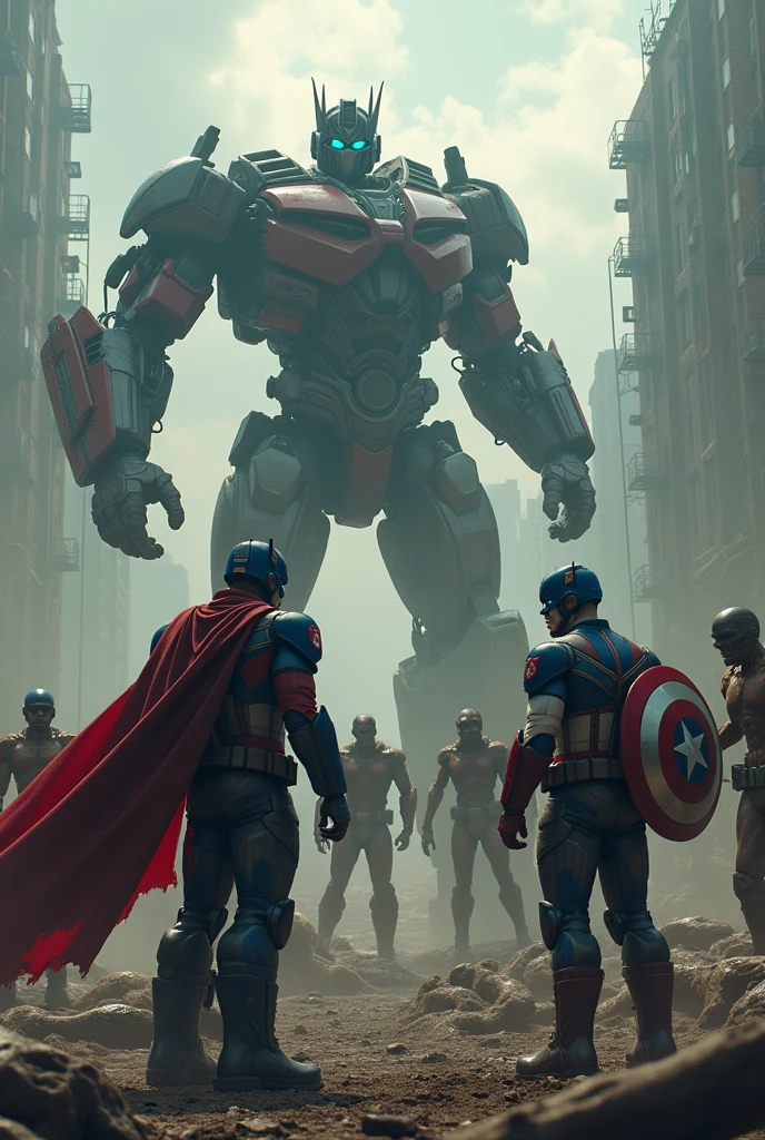 Optimus Prime, Captain America, zombie, Optimus Prime and Captain America vs titan zombies, highly detailed, photorealistic, 8k, dramatic lighting, cinematic, epic composition, hyper-realistic, stunning, masterpiece, ultra detailed, powerful, intense, awe-inspiring, heroic, action-packed, dynamic, impactful, cinematic camera angle, dramatic pose, intense battle, clash of titans, superhuman strength, advanced technology, futuristic, gritty, dark, moody, ominous atmosphere, brooding, visceral, gruesome, unsettling, unsettling, horrifying, bone-chilling, terrifying, apocalyptic, cataclysmic, mind-blowing