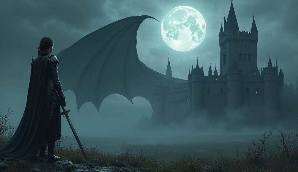 Dark atmosphere, distant view from left behind, moon light, woman wearing armor, holding a sword, epic gothic medieval castle on the right, epic gigantic shadow of dragon's wing behind the castle, dark fantasy art, epic landscape, master piece, highly detailed castle,