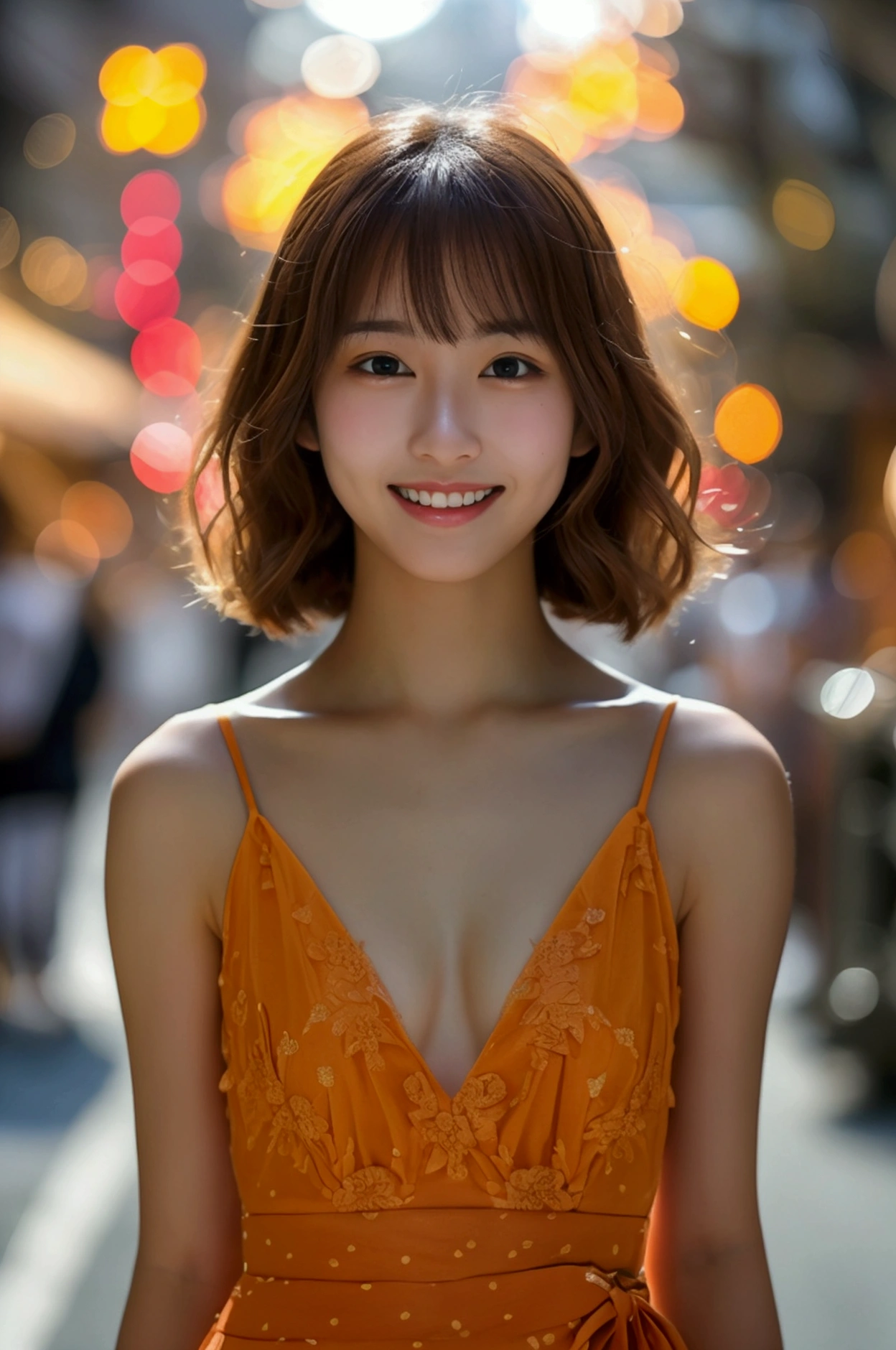Tabletop, Highest quality, figure, Very detailed, In detail, High resolution, 8k wallpaper, Perfect dynamic composition, Beautiful attention to detail, dress,Medium Hair, Natural color lip, Random sexy poses,smile,Aoyama Street Walk、20-year-old girl