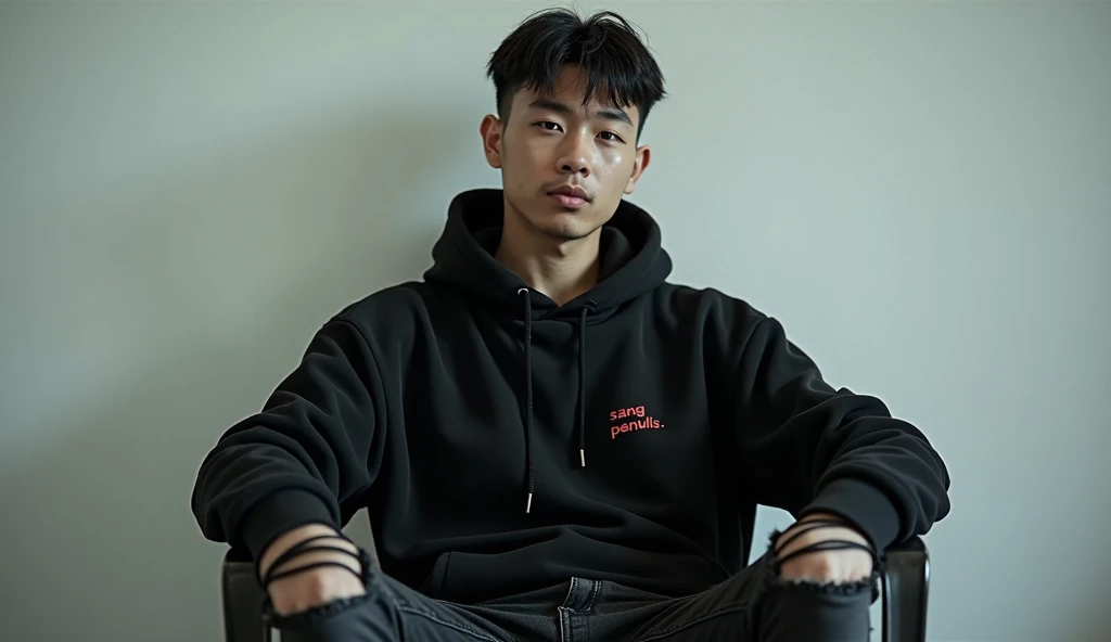 A handsome Asian man, black hair with crew cut hair style, wearing a black hoodie labeled "SANG PENULIS", torn black jeans. Sitting on a plastic chair and leaning back, exhaling smoke from his mouth, smoking casually, also giving a smoke effect. White painted wall background. Hyper Realistic. Ultra HD. Photography. Very Details