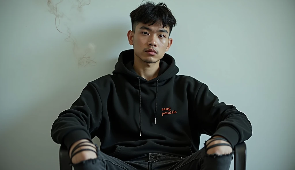 A handsome Asian man, black hair with crew cut hair style, wearing a black hoodie labeled "SANG PENULIS", torn black jeans. Sitting on a plastic chair and leaning back, exhaling smoke from his mouth, smoking casually, also giving a smoke effect. White painted wall background. Hyper Realistic. Ultra HD. Photography. Very Details