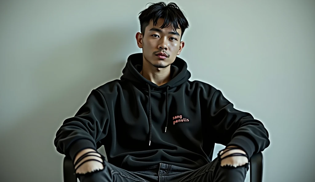 A handsome Asian man, black hair with crew cut hair style, wearing a black hoodie labeled "SANG PENULIS", torn black jeans. Sitting on a plastic chair and leaning back, exhaling smoke from his mouth, smoking casually, also giving a smoke effect. White painted wall background. Hyper Realistic. Ultra HD. Photography. Very Details 