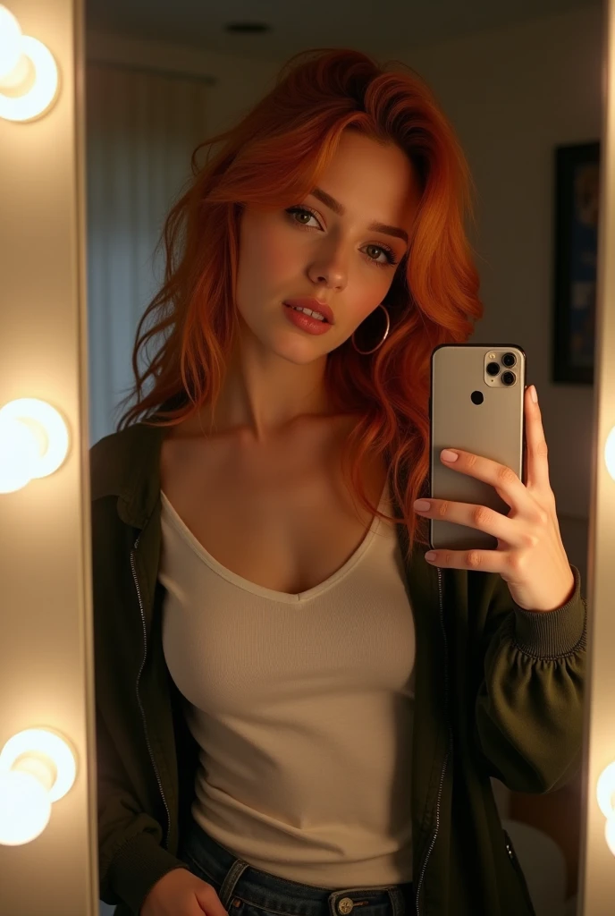 Photo d'une jeune fille redhead prenant un selfie dans sa chambre, striking a very sexy pose with her phone in front of her mirror. Elle est de corpulence moyenne. Le miroir est équipé de LED blanches. She is dressed. She is wearing a t-shirt and a jacket,face is visible.