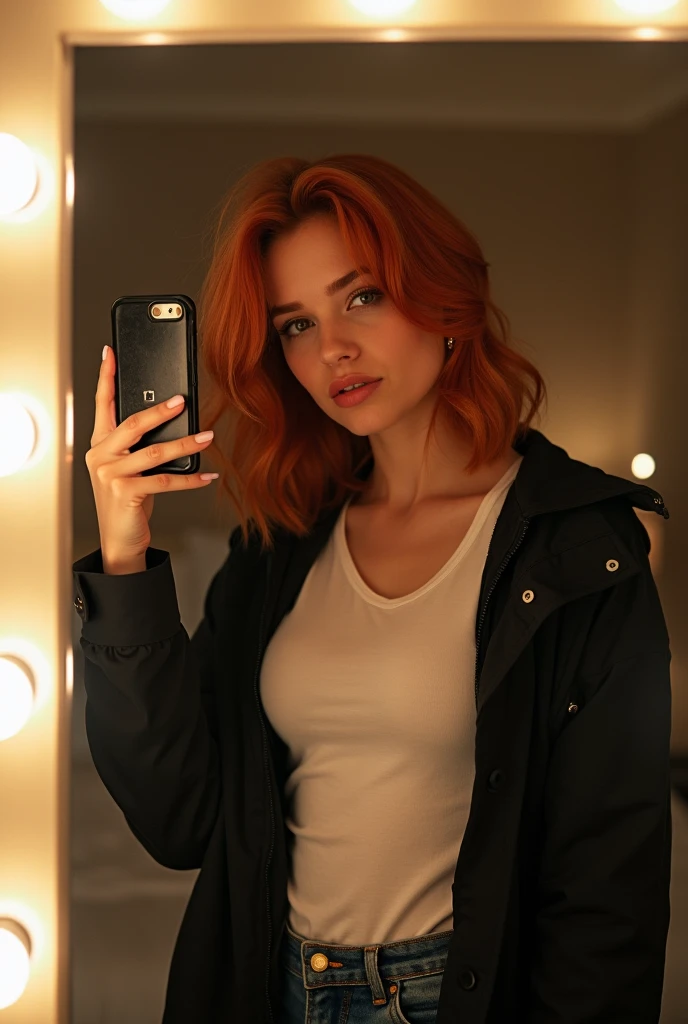 Photo d'une jeune fille redhead prenant un selfie dans sa chambre, striking a very sexy pose with her phone in front of her mirror. Elle est de corpulence moyenne. Le miroir est équipé de LED blanches. She is dressed. She is wearing a t-shirt and a jacket,face is visible.