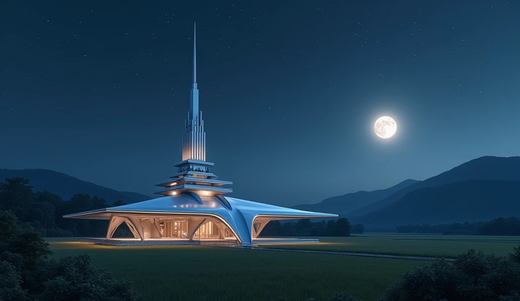 tiny futuristic mosque with Thai architecture in the middle of the countryside at night flat left perspective