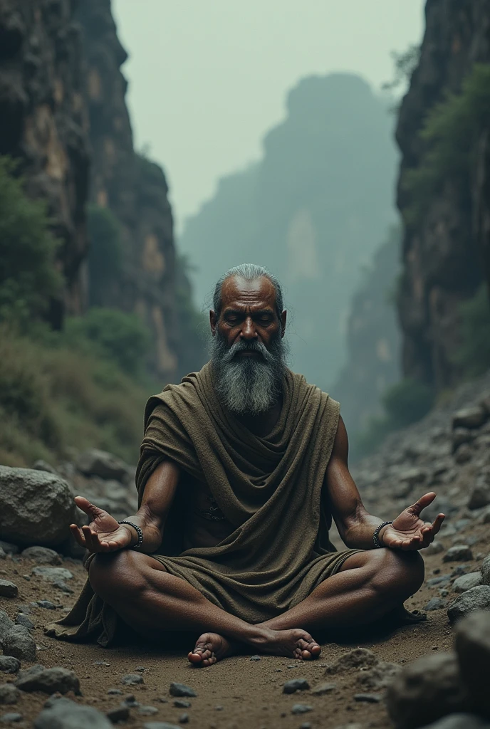Vishwamitra Meditating for Power**: After his defeat, King Vishwamitra is shown in deep meditation, determined to attain the power of a Brahmarshi. The scene is set in a secluded, harsh environment, reflecting his intense penance.