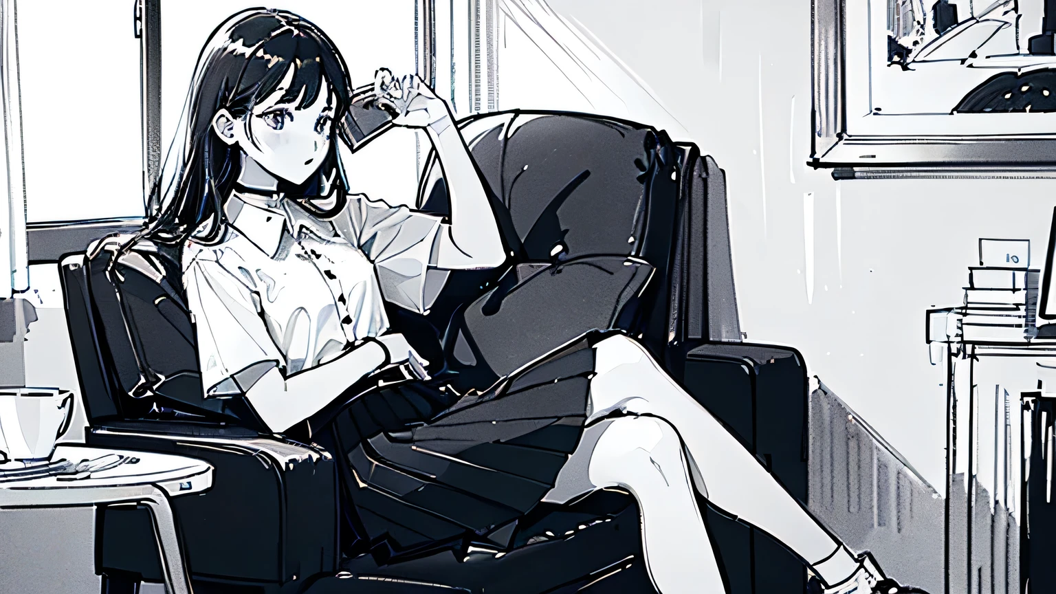 Line art, Monochrome, sketch, Pencil drawing, Traditional Media, One Girl, skirt, Cute  Girls, Beautiful portrait、Delicate body、Black Hair、Long Hair, landscape, Black and White, HD wearing MAHALAIUNIFORM,(((WHITE SHIRT SHORT SLEEVES))),((BLACK polished LONG SKIRT)),((BLACK PLEATED SKIRT)),( in her room)),(choker),((white shirt short sleeves )),((black long skirt)),(belt), (( Talking on the phone )), table, and phone, from the side, ((sitting chair)), indoors, solo, look random , Look shocked