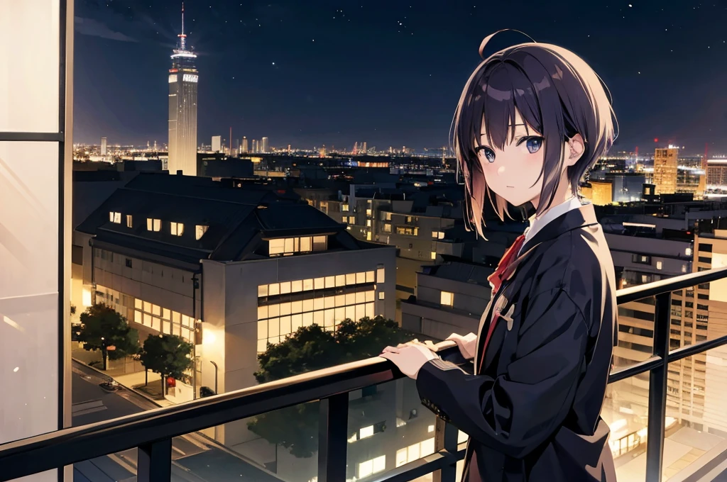 An anime character leaning on a railing and looking at the night city, Key Anime Art, Another Iwakura, detailed Key Anime Art, Another Iwakura, Amazing anime 8k, tsukasa dokite