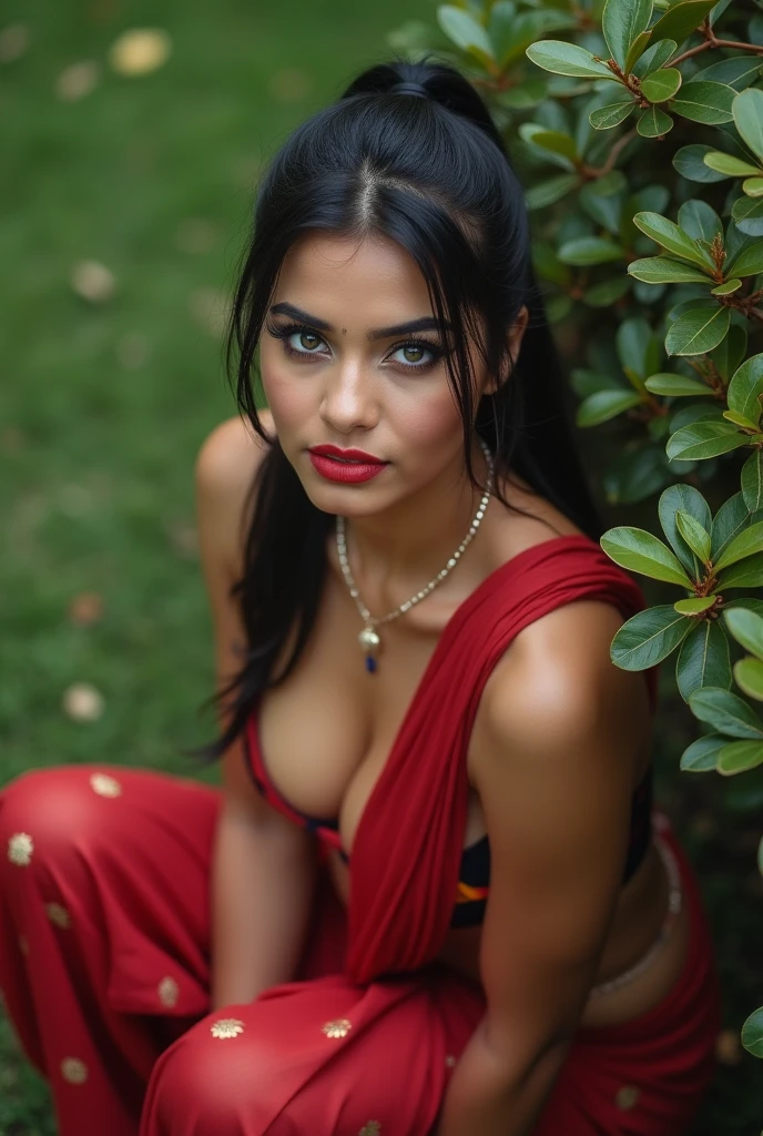 indian model from top view wearing semi black sari and top with breast open big breast, big cheeks, red Hollywood lips, squatting near shrub in a garden, hourglass figure, armpits, (blue eyes:1), ponytail, necklace, 22, depth of field.