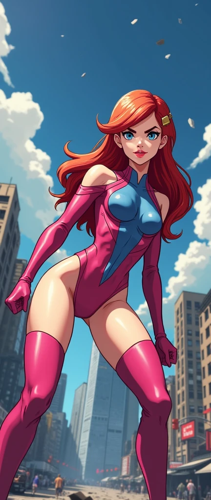 Superheroine fighting a monster in the city