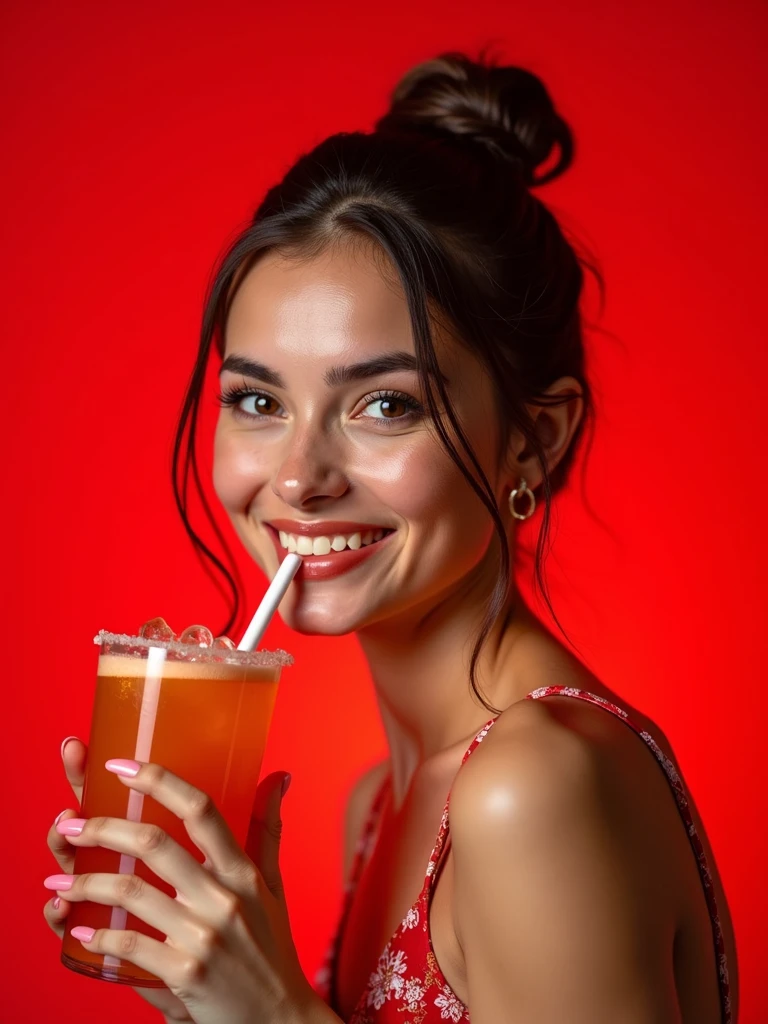 girl+mocktail+red background+smile -upscale
