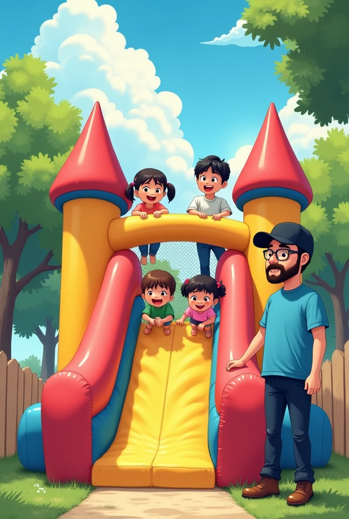 Children playing in their decent clothes on a bounce house with a slide, where everything is very safe for everyone and there is a 3 adult, that he has a full beard and mustache, very short hair under black cap, glasses, blue t-shirt and boots. It looks like a 2d Japanese anime drawing.