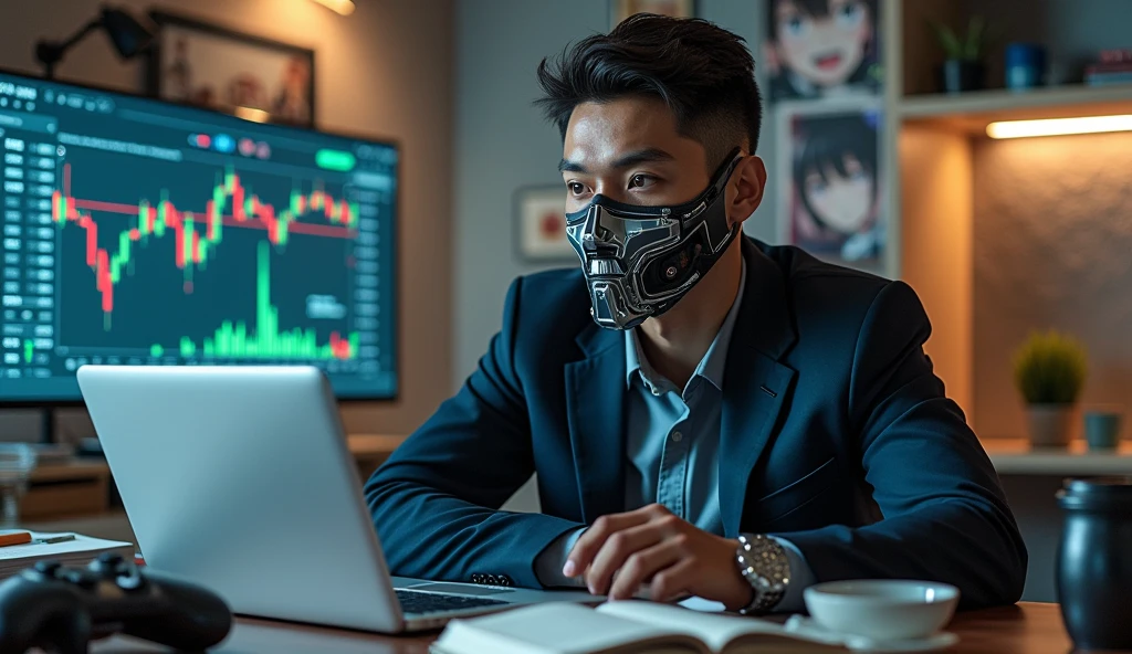 A photo of a man wearing a mask and some robotic accessories on face , sitting at a table. The table has a laptop, a book, and a cup. The background contains a stock market screen, anime posters, and gaming controllers.