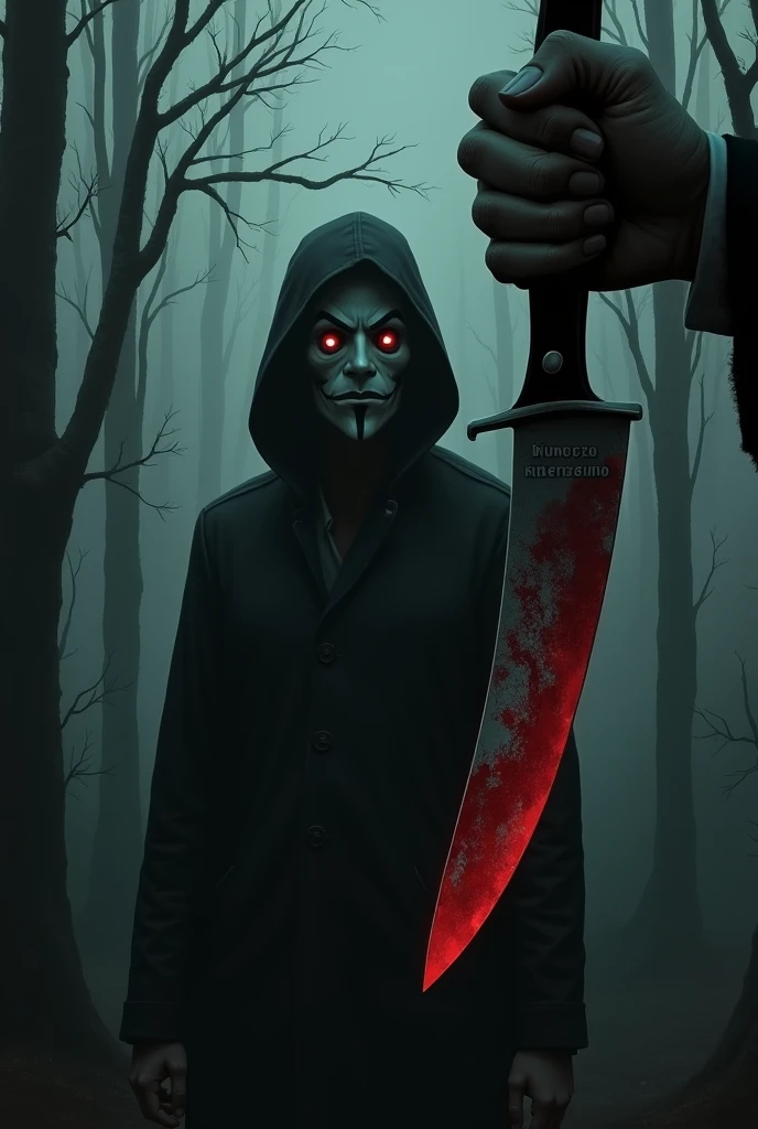 make an image of a dark forest with a man with the panic mask of everyone in Panic and a ministerial hand holding a knife written killerzinho put blood on the knife and make a mask more similar where is the killerzinho 