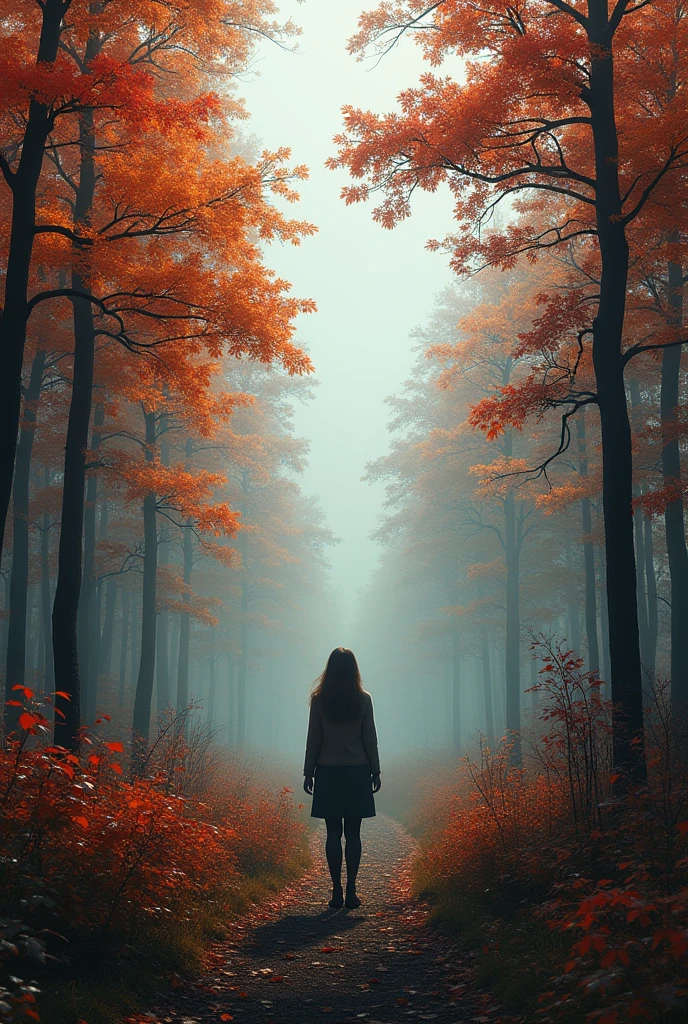 Realistic style,Photo Style, girl standing far away,Realistic style,Autumn forest