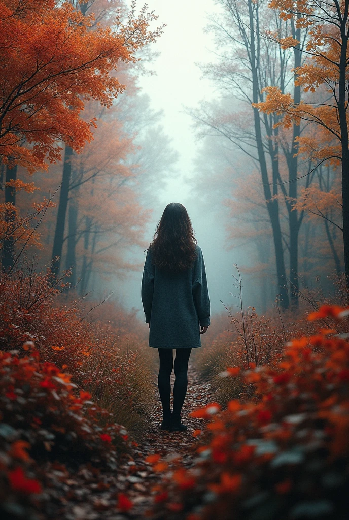 Realistic style,Photo Style, girl standing far away,Realistic style,Autumn forest